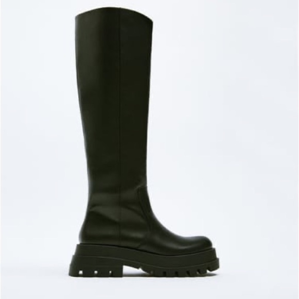 Zara Black Faux Leather Track-Sole Boots. Size 10.